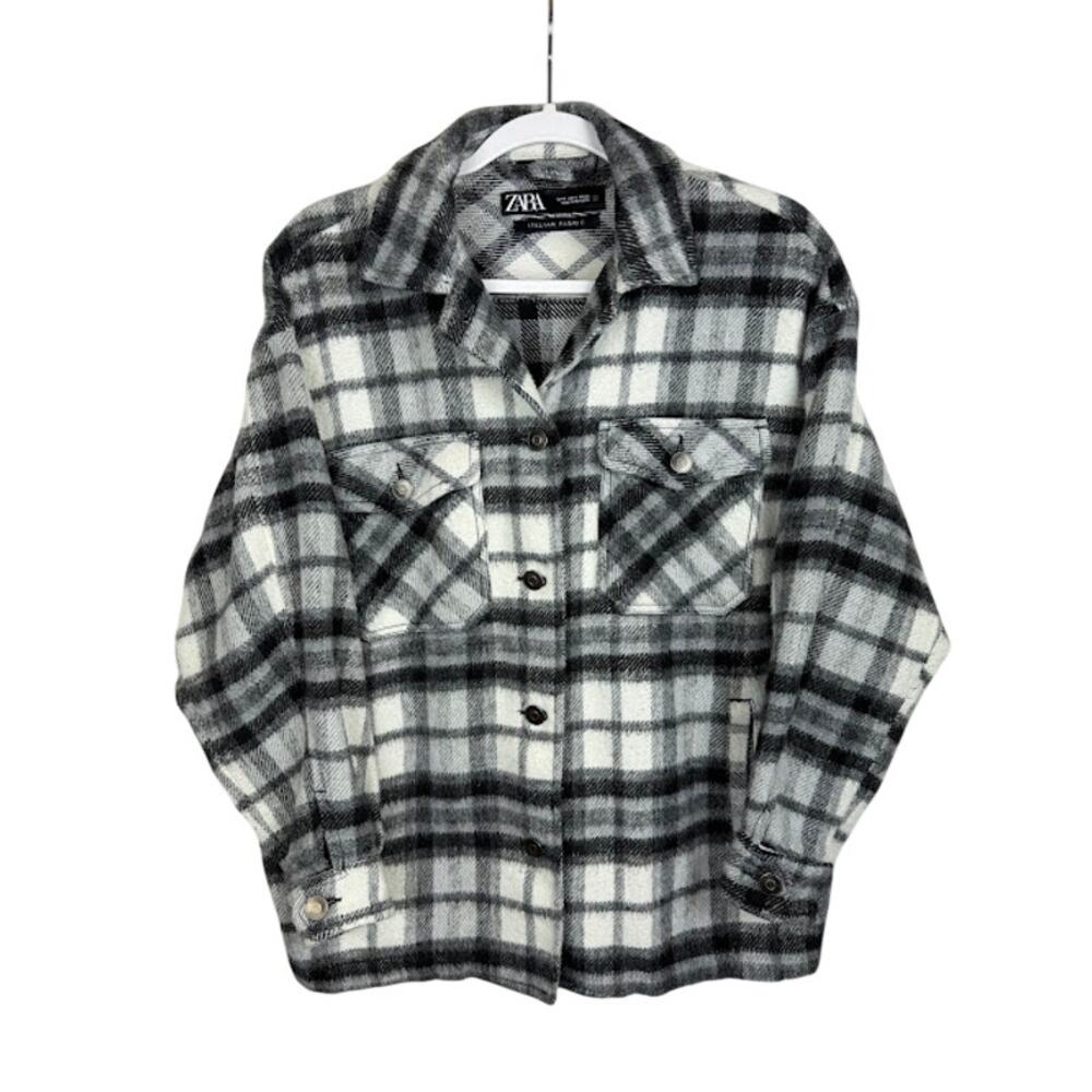 ZARA Italian Fabric Plaid Shacket Shirt Jacket Black Gray Button‎ Front Small